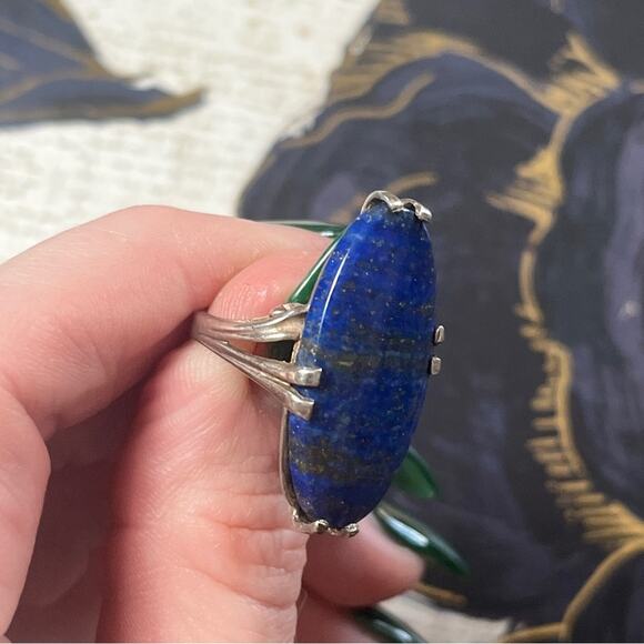 Vintage 925 Sterling Silver and Large Blue Lapis Lazuli Stone Silver Ring D2 - Picture 6 of 14